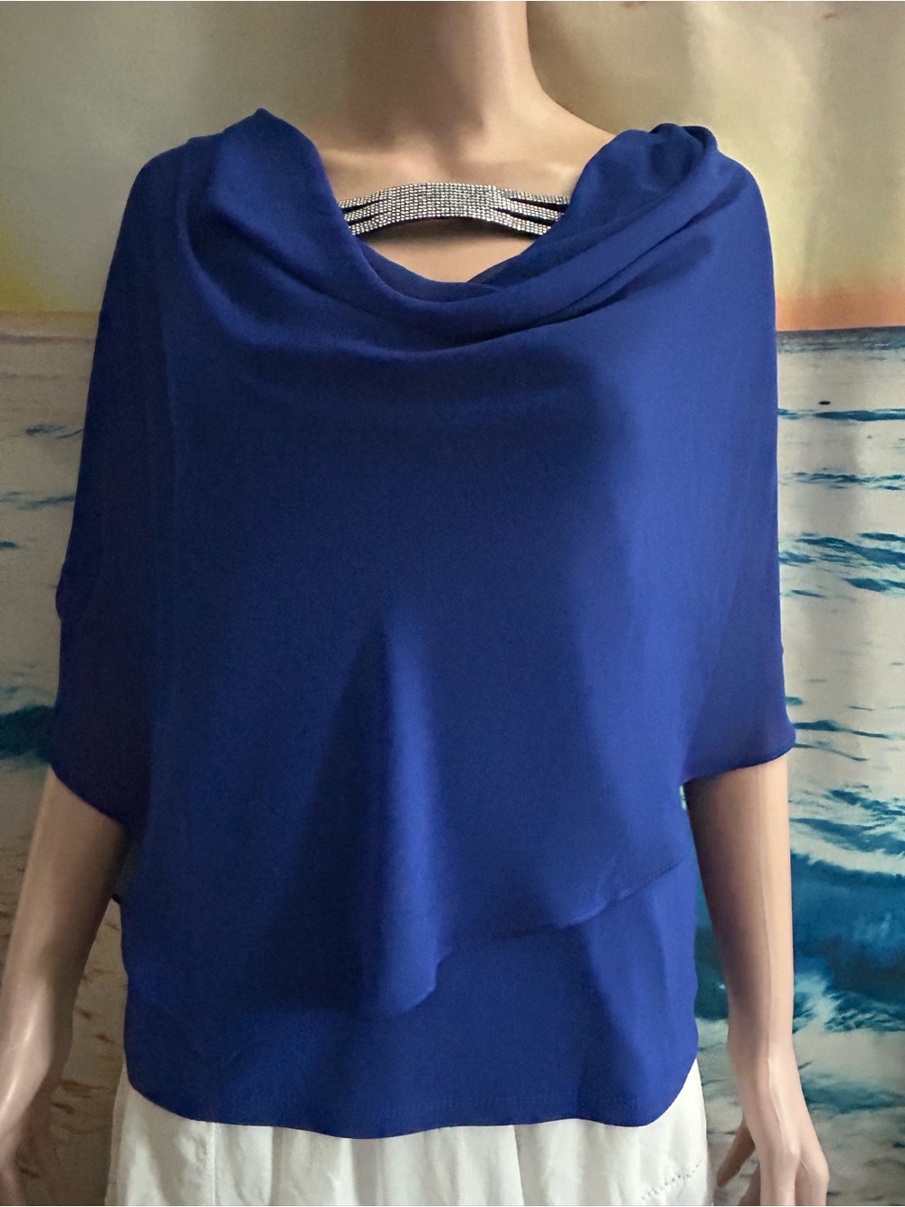 MSK Women’s Royal Blue Draped Neck Blouse Rhinestone Accent SM Petite